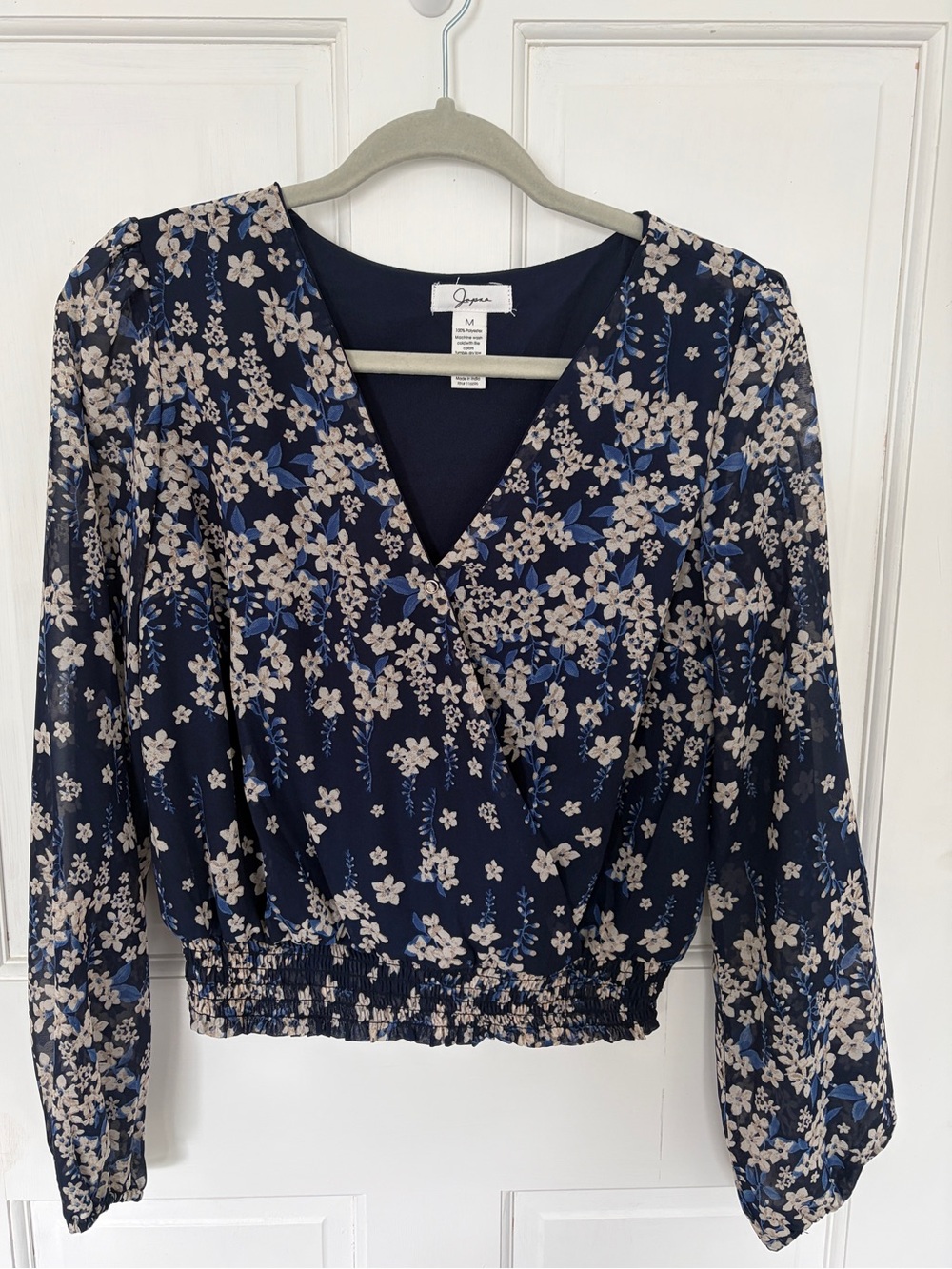 Japna Navy and Cream Floral Wrap Blouse with Banded Bottom